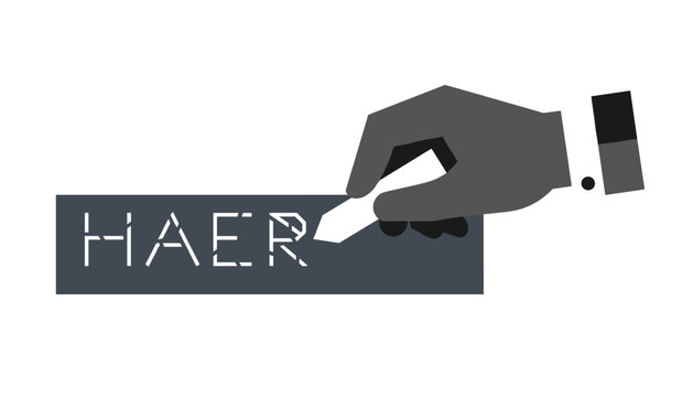 Hand holding an eraser to wipe away or correct the text block labeled with the word haer written in a broken stencil font style.