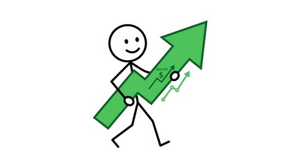 Fototapeta premium Business growth stick figure illustration, smiling character holding large green upward arrow, financial success and profit increase concept