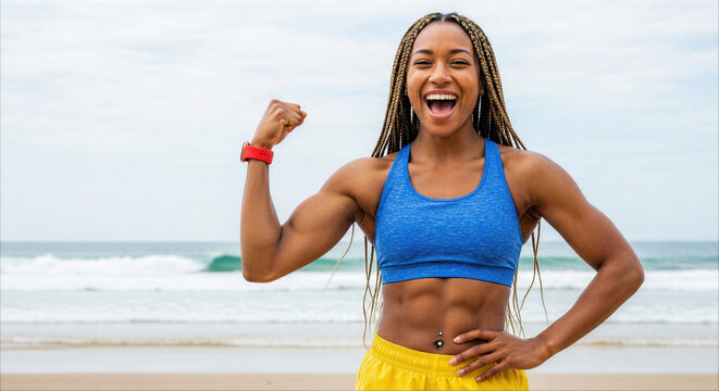 Athletic Black Woman Flexing Biceps and Laughing on the Beach. African American athlete in blue sports bra and yellow shorts celebrating fitness success outdoors at the shore.