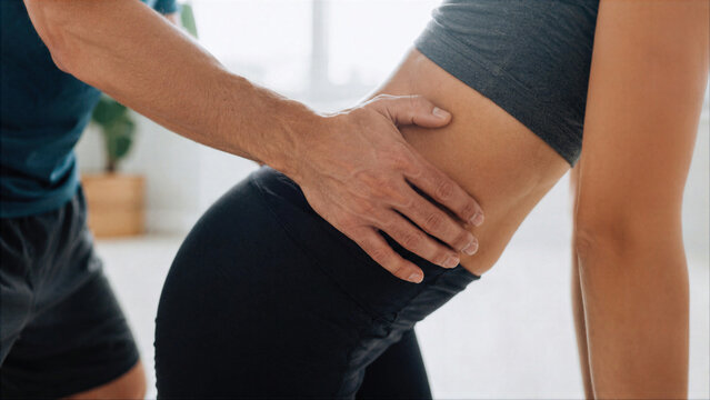Personal trainer or physiotherapist assisting woman with lower back posture correction and core alignment during workout in bright gym studio.