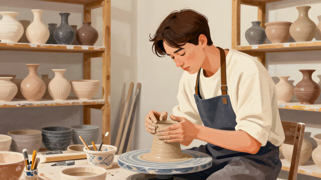 A Moment of Creation: A young artist focuses intently on shaping clay on a pottery wheel in a well-lit studio, surrounded by finished ceramic pieces.