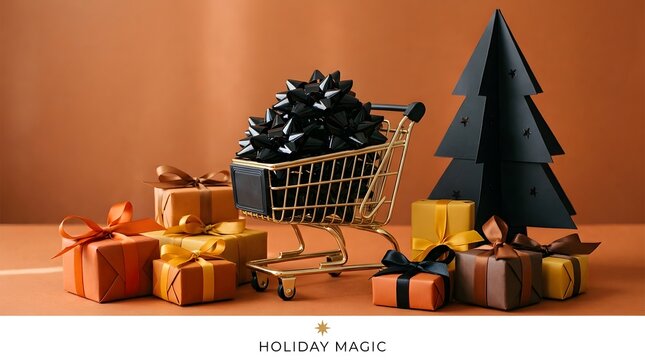 Holiday shopping cart filled with gifts and decorations