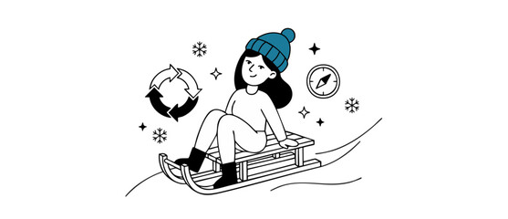 Obraz premium Winter sledding girl line art illustration of happy young woman on wooden sled with compass and recycle icons, representing eco-friendly seasonal sports, outdoor adventure, and sustainable tourism.
