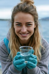 Fototapeta premium Young ocean research assistant holding water sample jar on pier