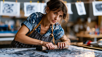 Fototapeta premium Art student rolls a carved linoleum block across dampened paper using a wooden baren at a printmaking studio press, ink-stained fingers, drying prints clipped overhead, linocut printmaking class, re