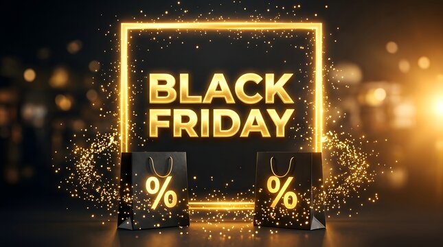 Black friday sale promotion with golden sparkles and shopping bags