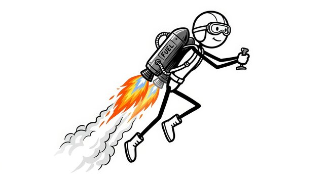 Stick figure pilot flying with jetpack, fast rocket man character with fire and smoke, business growth and speed concept illustration