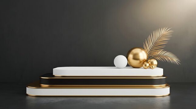 Luxury gold and white podium with decorative spheres and palm leaf