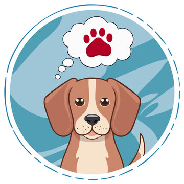 Cartoon canine dreams of walkies, depicting pet longing with a red paw print thought bubble, set within a stylized teal circular frame.