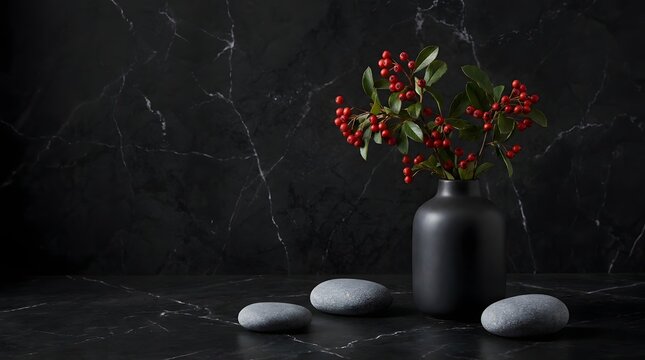 Modern minimalist black vase with red berries and gray stones on marble background