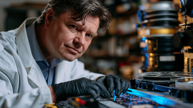 Film archivist in a dimly lit preservation lab carefully threading deteriorated nitrate film onto a restoration scanner, archival gloves, reels of vintage cinema stacked in acid-free canisters, frag