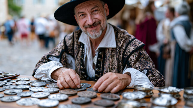 Living history reenactor in period merchant clothing arranging handmade tin goods on a wooden market stall, cobblestone square crowded with visitors in summer attire, colonial marketplace backdrop, 