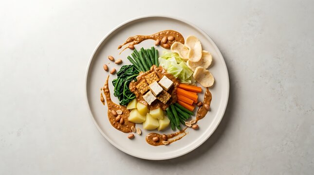 Top view of traditional gado gado salad with fresh vegetables tofu and peanut sauce on a plate