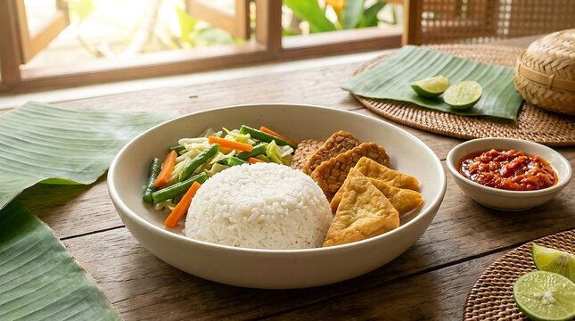Fresh indonesian nasi campur meal with steamed rice, fried tofu, vegetables, and spicy sambal sauce on a rustic wooden table in a sunny kitchen