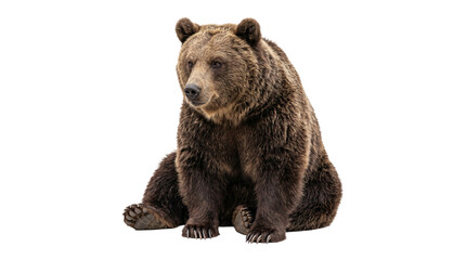 Fototapeta premium Large brown grizzly bear sitting on ground wild animal creature isolated on transparent background png high quality nature photography cutout image.