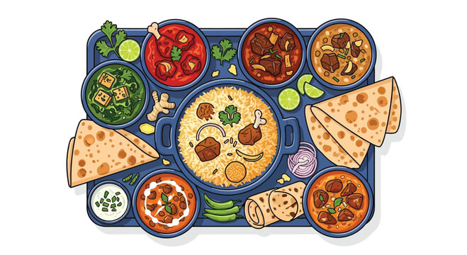 Indian Food Thali with Rice, Naan Bread, and Various Curries for Restaurant or Recipe Concepts