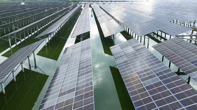 Aerial view of fishery-solar complementary photovoltaic power station on water