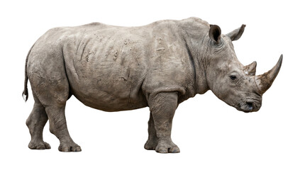 Fototapeta premium Majestic white rhinoceros standing profile view isolated on transparent background png for wildlife and nature designs.