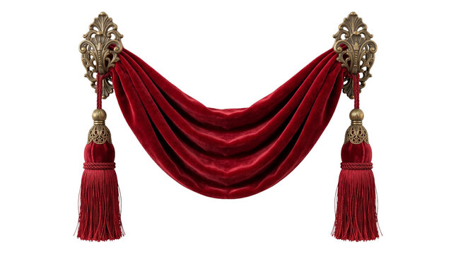 Rich red velvet drapery with ornate brass hardware and tassels, elegant decorative curtain swathe, luxurious fabric wall hanging, royal theatrical.