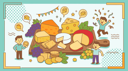 Fototapeta premium Cheese animation scene with happy people eating grapes and cheese board