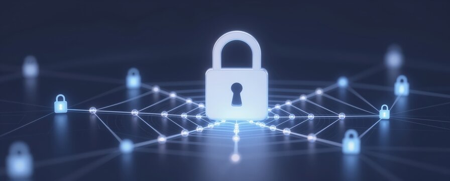 3d vector lock at center of glowing spiderweb network symbolizing secure fast data protection