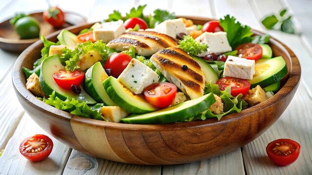 Fresh Grilled Chicken Salad with Avocado, Feta Cheese, Cherry Tomatoes and Mixed Greens in Rustic Wooden Bowl
