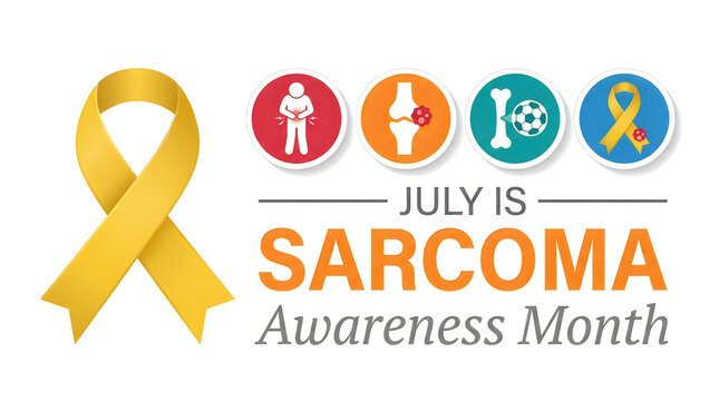 July sarcoma awareness month banner with yellow ribbon and set of icons, promoting early detection and support for patients.