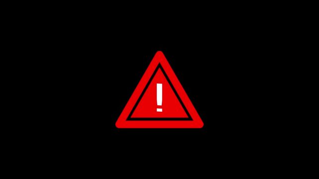 Red triangle warning alert exclamation mark sign loop animation on black background