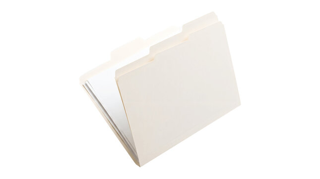 A slightly open light tan manila file folder containing white paper documents, shown isolated on a white background, used for organizing paperwork and office records in a business setting