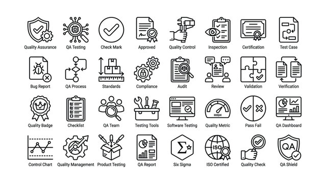 Quality assurance icons set including testing and validation symbols  a collection of black line style .eps