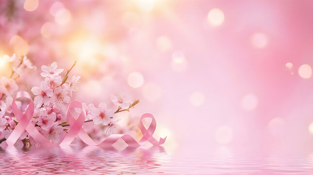 Pink ribbons reflect on water surface, surrounded by delicate cherry blossoms and soft bokeh lights, representing breast cancer awareness.