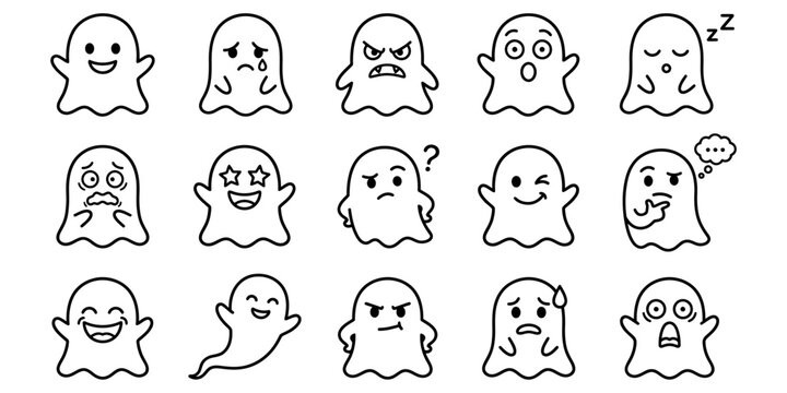 Collection of 15 ghost emojis with various emotions