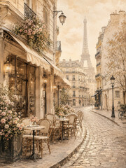 Obraz premium Paris cafe street with Eiffel Tower view