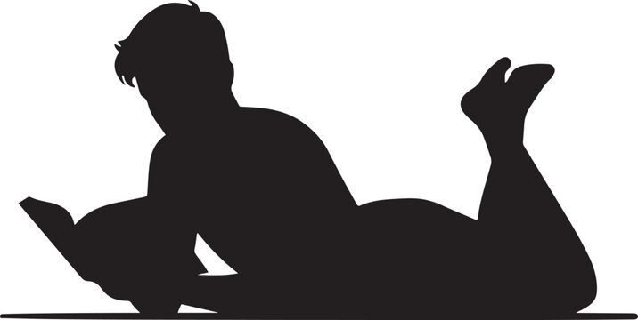 Handsome guy reading a book while lying on the carpet. silhouette icon vector