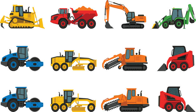 Collection of colorful heavy construction machinery and earthmoving vehicle icons for industrial and civil engineering