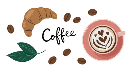 Obraz premium Colorful coffee cup and leaf illustration with coffee beans Vector