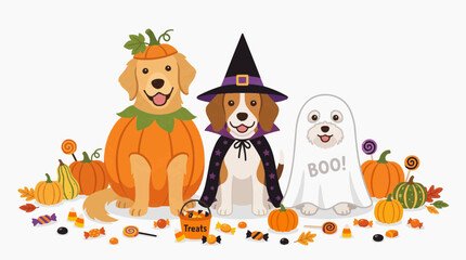 Naklejka premium Cute Dogs Dressed for Halloween with Pumpkins and Candy