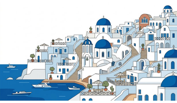 Modern Santorini Greece Coastal Skyline Flat Vector Illustration Isolated on White Background