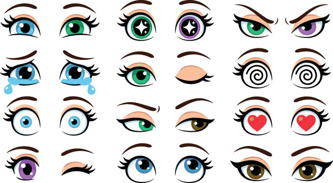 Cartoon anime eyes expression vector collection featuring colorful cute, angry, crying, shocked, loving, and hypnotic female eyes isolated on white background.