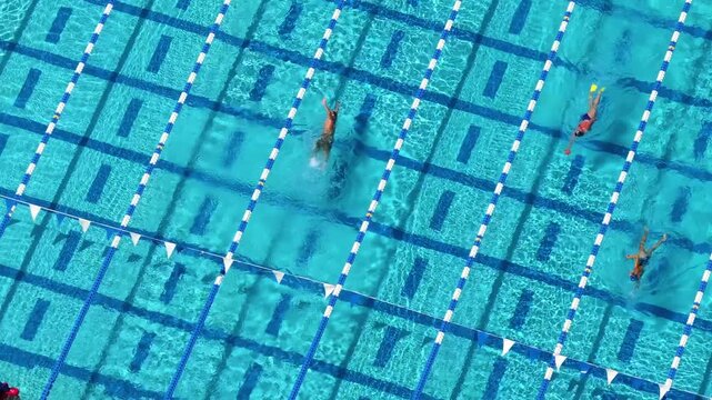 Swimming pool with straight lane lines and athletes practicing freestyle and backstroke techniques.