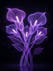 Fototapeta premium Glowing Deep Purple Neon Calla Lilies Cluster with White Centers on Pitch Black Background for Posters and Digital Art