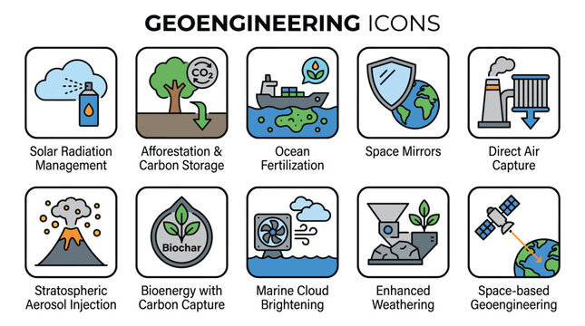 Set of Ten Linear Geoengineering Technology Concept Icons