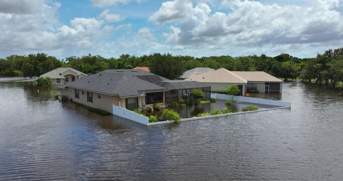 Tropical rainstorm flooded residential homes in suburban community in Florida. Hurricane aftermath