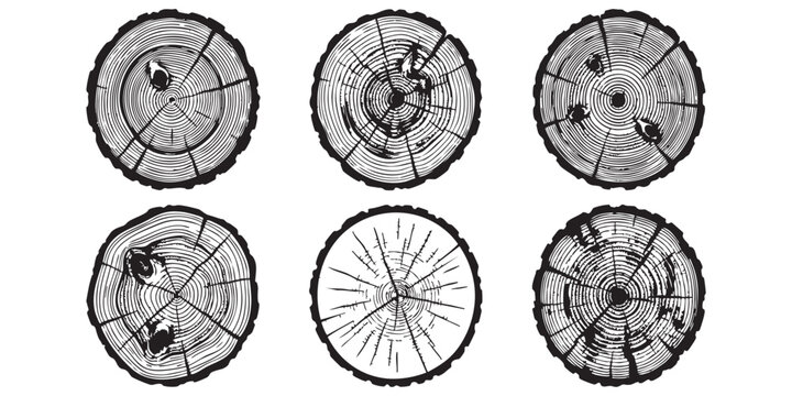 Set of six circular tree log cross section icons with detailed wood grain rings and bark texture