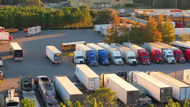 Truck stop near American freeway. Rest area for semi-truck lorry vehicles. Resting place during interstate traveling in USA.