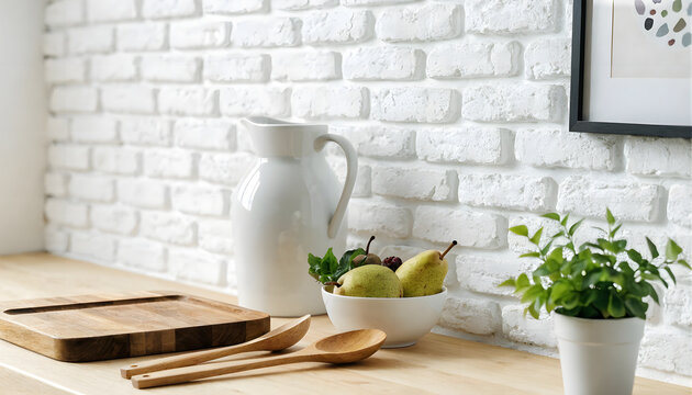 Kitchen counter with white pitcher, pears in a bowl, and wooden utensils