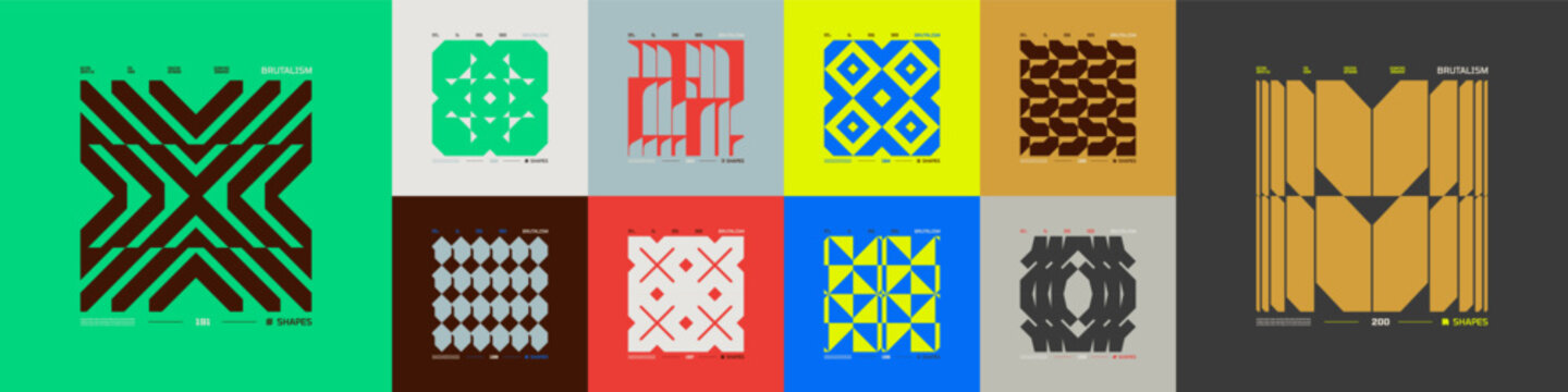 Kit of Postmodern geometric compositions with abstract shapes in brutalism aesthetics, mosaic of brutal figures, trendy color retro futuristic elements, vector modernist ornament, cards art 20