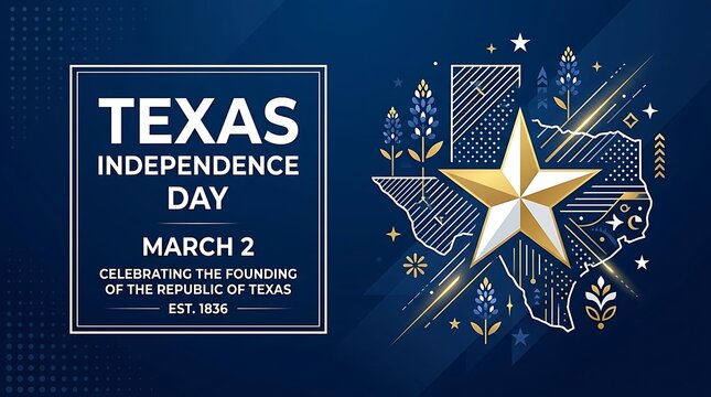 Celebrating Texas Independence Day on March 2nd with a large golden star and floral elements against a blue background