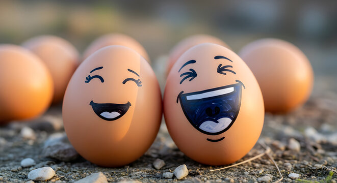 Brown eggs with funny happy laughing faces drawn in black ink displayed on a rustic outdoor stone ground background