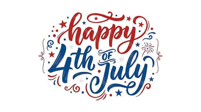 Handwritten calligraphy celebrating the Fourth of July with stars and festive elements isolated on transparent background